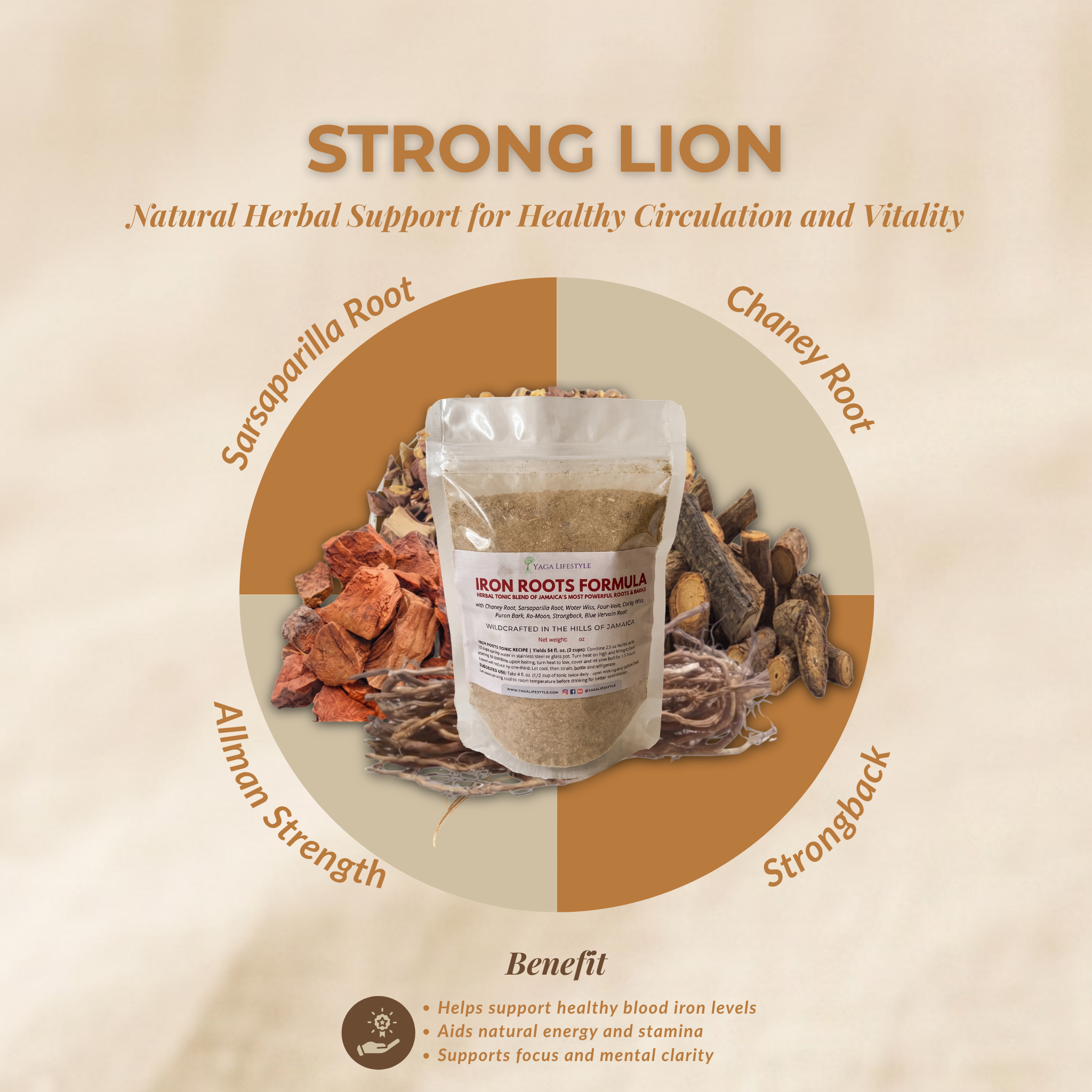 Iron Lion Powder | Jamaican Roots Tonic Supplement with Sarsaparilla, Chaney Root (Cocolmeca), Strongback, Allman Strength