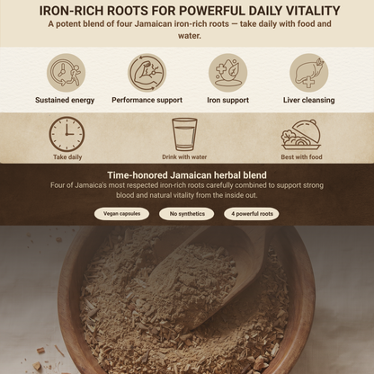 Iron Lion Powder | Jamaican Roots Tonic Supplement with Sarsaparilla, Chaney Root (Cocolmeca), Strongback, Allman Strength