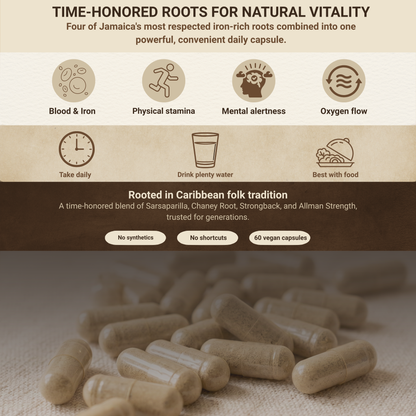 Iron Lion Capsules | Jamaican Roots Tonic Supplement with Sarsaparilla, Chaney Root (Cocolmeca), Strongback, Allman Strength