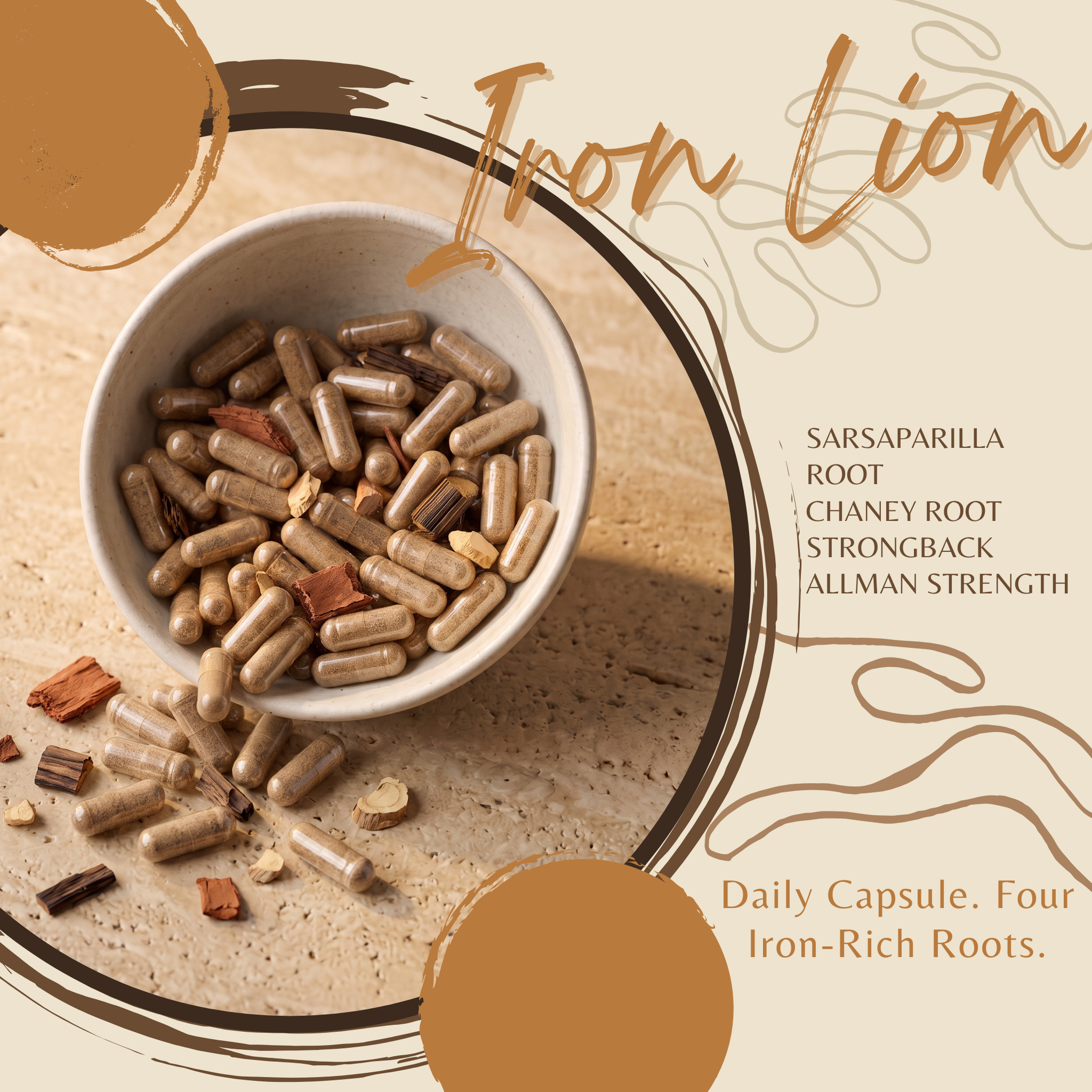 Iron Lion Capsules | Jamaican Roots Tonic Supplement with Sarsaparilla, Chaney Root (Cocolmeca), Strongback, Allman Strength
