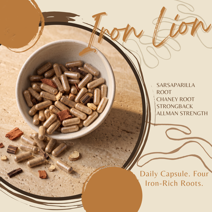 Iron Lion Capsules | Jamaican Roots Tonic Supplement with Sarsaparilla, Chaney Root (Cocolmeca), Strongback, Allman Strength